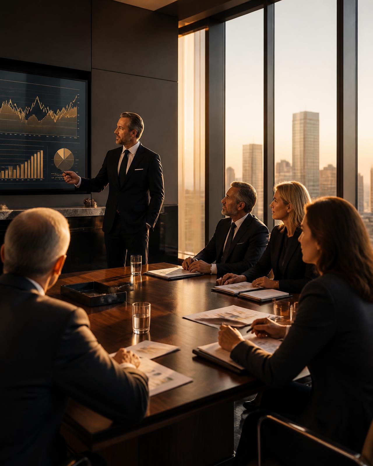 Senior leadership team reviewing business performance data in a boardroom