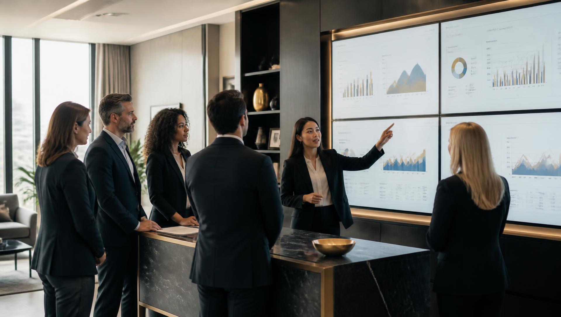 Management team reviewing live operational intelligence on a large dashboard